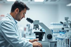 Scientist in a modern laboratory using a microscope. The image showcases research, science, and medical analysis with a focus on white and cool blue tones. A professional conducting laboratory work.