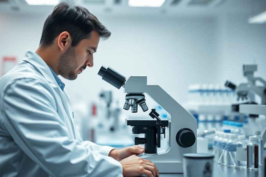 Scientist in a modern laboratory using a microscope. The image showcases research, science, and medical analysis with a focus on white and cool blue tones. A professional conducting laboratory work.