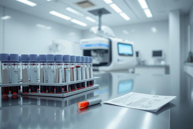 Laboratory setting featuring blood sample tubes in a rack, a medical analyzer machine, and paperwork. The clean, bright environment suggests scientific research or diagnostics, with a focus on healthcare and clinical analysis. Cool blue tones and sterile white surfaces are prominent.