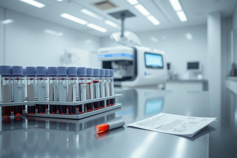 Laboratory setting featuring blood sample tubes in a rack, a medical analyzer machine, and paperwork. The clean, bright environment suggests scientific research or diagnostics, with a focus on healthcare and clinical analysis. Cool blue tones and sterile white surfaces are prominent.