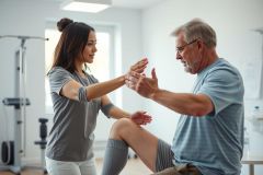 Physical therapy session: A therapist assists an older man with knee exercises in a bright, modern clinic. Focus on rehabilitation, healthcare, and senior fitness with warm lighting and a clean, professional setting.