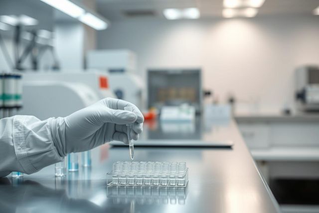 Laboratory scene: a gloved hand carefully dispensing liquid into a multi-well plate. Scientific research, medical testing, and biotechnology concepts are depicted in a modern, clean lab environment with cool blue and white tones. Focus on precision and experimentation.