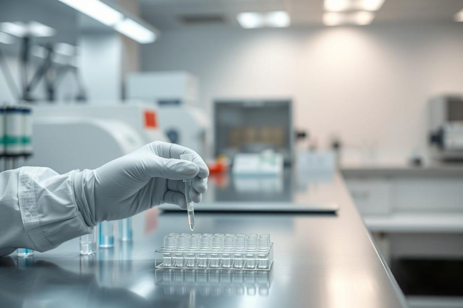Laboratory scene: a gloved hand carefully dispensing liquid into a multi-well plate. Scientific research, medical testing, and biotechnology concepts are depicted in a modern, clean lab environment with cool blue and white tones. Focus on precision and experimentation.