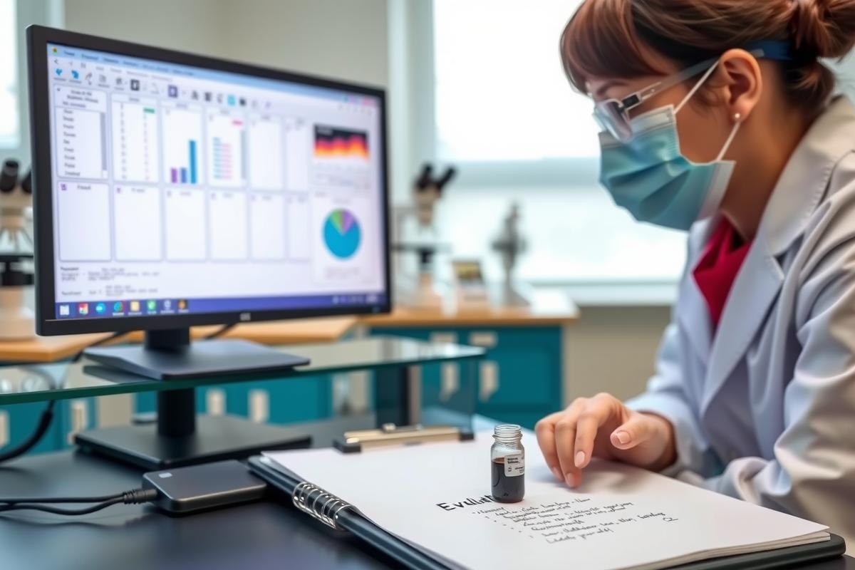 A scientist in a lab setting wearing protective gear including a mask, working on a computer screen displaying data graphs and charts. The environment suggests a research or scientific study is taking place.