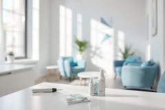 Bright, modern waiting room with skincare products on a white table. Blue armchairs and natural light create a clean, inviting aesthetic. Focus on beauty, wellness, and a calming healthcare environment. Cosmetic products, relaxation, and interior design elements are visible.