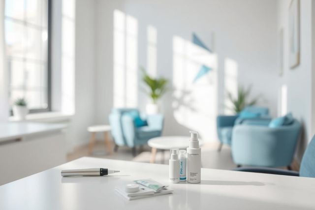 Bright, modern waiting room with skincare products on a white table. Blue armchairs and natural light create a clean, inviting aesthetic. Focus on beauty, wellness, and a calming healthcare environment. Cosmetic products, relaxation, and interior design elements are visible.