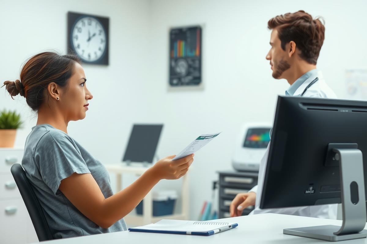 In a modern office environment, a man and woman are having a professional conversation. The woman is seated at a desk with papers, indicating she may be discussing work-related matters. Both individuals appear focused on their interaction. In the background, typical office elements like monitors, clocks, and other decorative items can be seen, suggesting a formal setting.