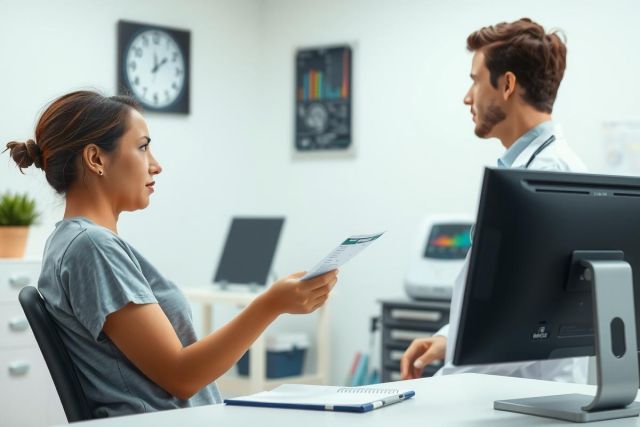 In a modern office environment, a man and woman are having a professional conversation. The woman is seated at a desk with papers, indicating she may be discussing work-related matters. Both individuals appear focused on their interaction. In the background, typical office elements like monitors, clocks, and other decorative items can be seen, suggesting a formal setting.