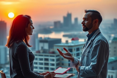 The image depicts a professional setting at sunset with two individuals engaged in conversation. A man, who appears to be a doctor, is seated at a desk and wearing a white lab coat. 