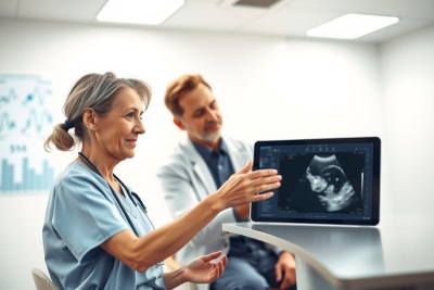 Medical professionals examining an ultrasound image of a fetus on a screen. Healthcare setting, likely a clinic or hospital. Focus on prenatal care and diagnostics.