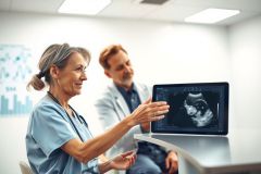 Medical professionals examining an ultrasound image of a fetus on a screen. Healthcare setting, likely a clinic or hospital. Focus on prenatal care and diagnostics.