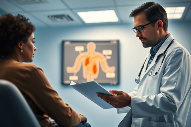 Doctor consults with a patient in a modern clinic. The image features a medical professional reviewing a chart with a female patient, with a blurred anatomical diagram displayed in the background. Predominant colors are blue, brown, and white, conveying a healthcare setting.