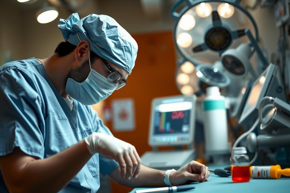 A surgeon in an operating room, wearing a mask and scrubs, with medical equipment around. The environment is sterile and clinical, indicating a surgical setting.