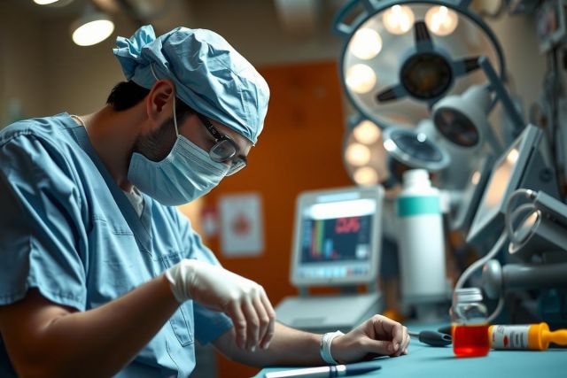 A surgeon in an operating room, wearing a mask and scrubs, with medical equipment around. The environment is sterile and clinical, indicating a surgical setting.