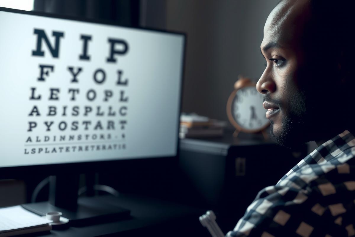 The image depicts a man looking intently at a computer monitor displaying an eye test chart. The environment suggests a professional office setting, possibly related to vision care or optometry.