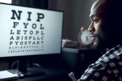 The image depicts a man looking intently at a computer monitor displaying an eye test chart. The environment suggests a professional office setting, possibly related to vision care or optometry.