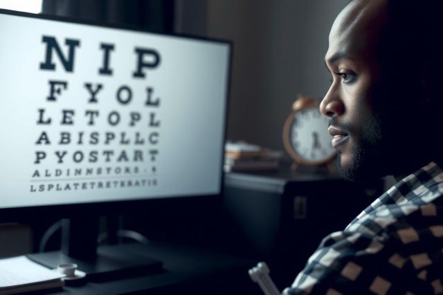 The image depicts a man looking intently at a computer monitor displaying an eye test chart. The environment suggests a professional office setting, possibly related to vision care or optometry.