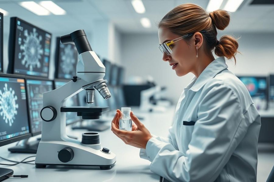Scientist in a modern lab examining a vial with a microscope. Monitors display virus imagery. Focus on research, biology, and healthcare in a clean, white environment. Science and medical investigation concept.
