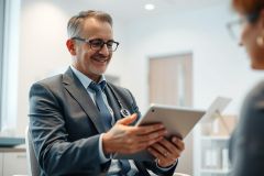 Doctor in a modern office consults with a patient, reviewing data on a tablet. Professional healthcare setting, gray tones, and a focus on digital health technology. Image represents medical consultation, telemedicine, and patient care.