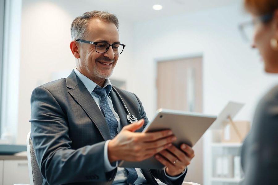 Doctor in a modern office consults with a patient, reviewing data on a tablet. Professional healthcare setting, gray tones, and a focus on digital health technology. Image represents medical consultation, telemedicine, and patient care.