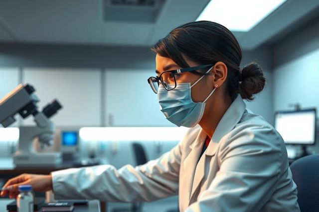 This image depicts a scientist working in a laboratory setting. The scientist, who appears to be a woman based on her hairstyle and gender-specific clothing, is wearing protective gear such as gloves, an apron, and wearing glasses.