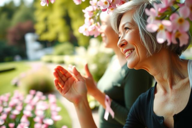 The image shows an elderly woman with gray hair, wearing a black top, sitting outside in what appears to be a garden or park. She is smiling and looking at something above her, possibly flowers. The environment suggests a peaceful, sunny day, with trees visible behind her. Her expression and body language convey happiness and contentment.