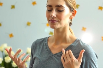 In the image, a woman is engaged in what appears to be meditation or breathing exercises. She is wearing a grey top and has her hands placed near her chest, fingers spread apart as if she is making an opening motion with her palms. Her eyes are closed, suggesting a state of focus or concentration.