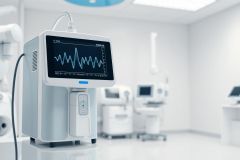 Medical equipment in a clean, modern hospital room. Focus on a patient monitor displaying a heartbeat waveform. White and gray color scheme with blue accents. Healthcare technology, medical devices, and clinical setting.
