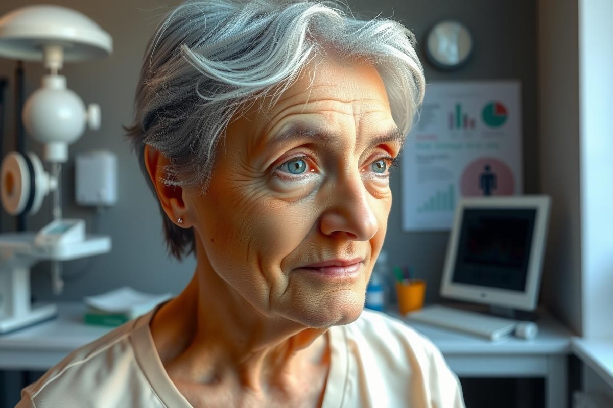The image shows an older woman with a serious expression, looking slightly to her left. She has short gray hair and appears to be indoors in what could be a doctor's office or hospital setting due to the medical equipment visible in the background. The colors are muted with soft tones, focusing on the subject rather than vibrant details of the environment.