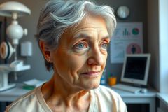 The image shows an older woman with a serious expression, looking slightly to her left. She has short gray hair and appears to be indoors in what could be a doctor's office or hospital setting due to the medical equipment visible in the background. The colors are muted with soft tones, focusing on the subject rather than vibrant details of the environment.