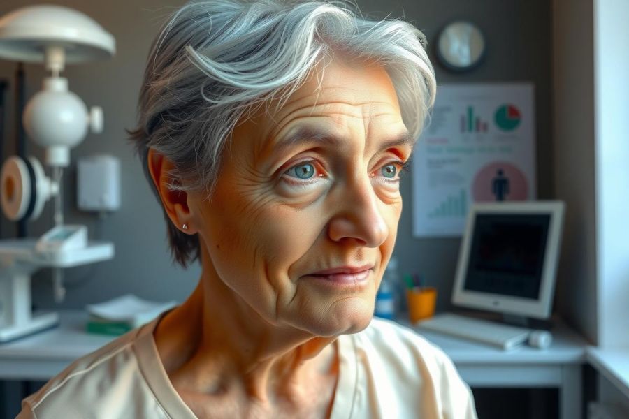 The image shows an older woman with a serious expression, looking slightly to her left. She has short gray hair and appears to be indoors in what could be a doctor's office or hospital setting due to the medical equipment visible in the background. The colors are muted with soft tones, focusing on the subject rather than vibrant details of the environment.