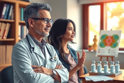 The image depicts a professional setting with two individuals seated at a table. The man on the left is wearing a white coat, suggesting he may be a doctor or healthcare professional. He has his hands clasped together and is looking towards the woman seated across from him.
