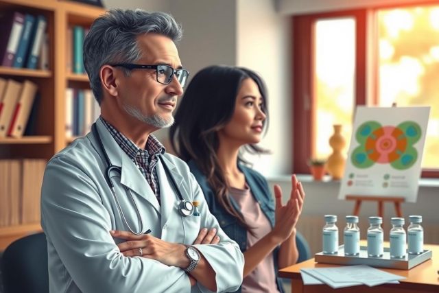 The image depicts a professional setting with two individuals seated at a table. The man on the left is wearing a white coat, suggesting he may be a doctor or healthcare professional. He has his hands clasped together and is looking towards the woman seated across from him.