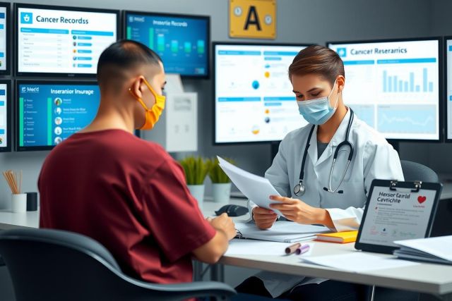 The image depicts a virtual medical consultation taking place in a modern, well-equipped office setting. On the left side of the frame, there is a male patient wearing a red hospital gown, and he appears to be speaking with the female doctor on the right who is dressed in medical attire.