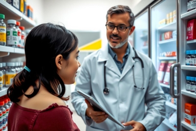 A pharmacist consulting with a customer in a modern, well-stocked pharmacy. The pharmacist is wearing a white coat and holds a tablet while engaging with the customer who appears to be asking about medication.