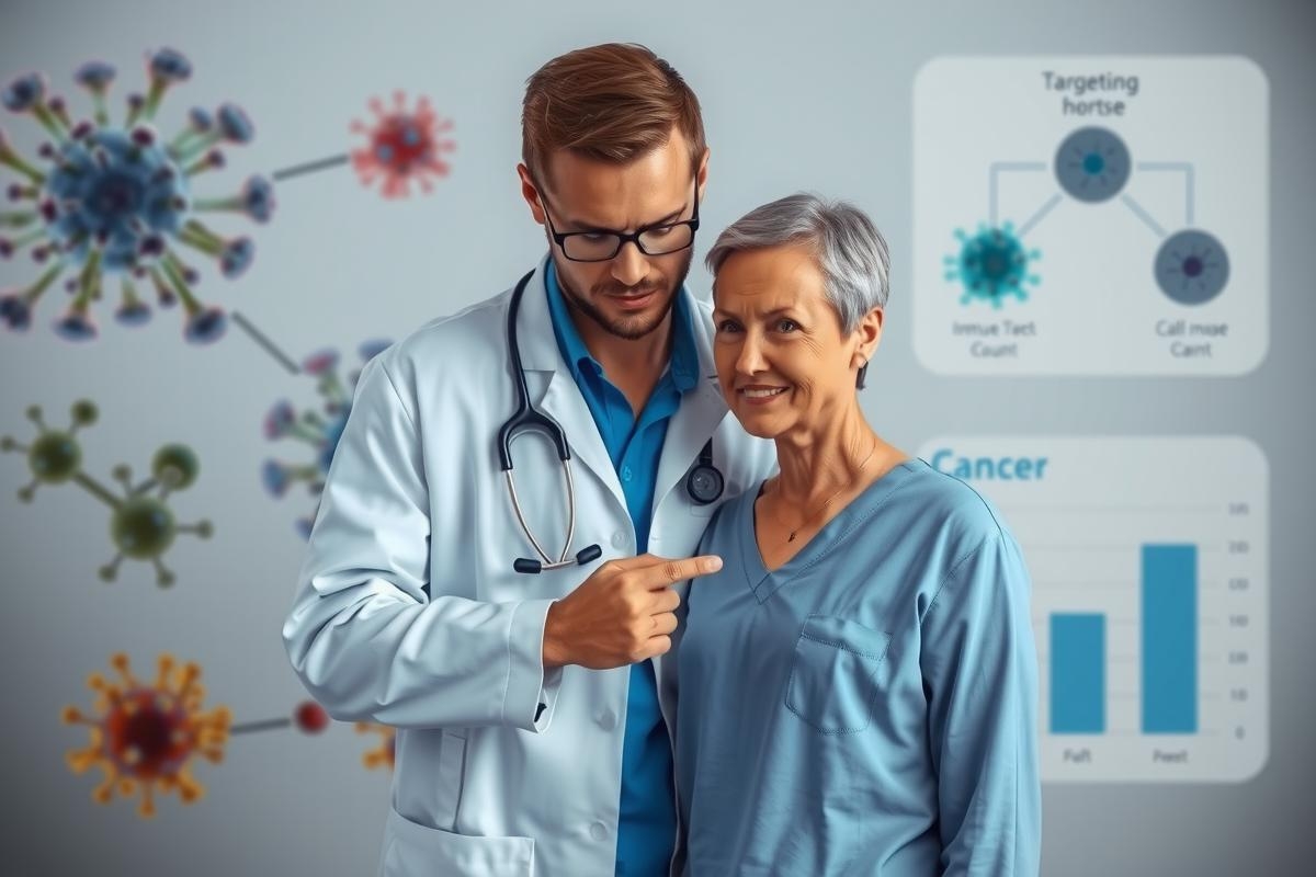 The image shows two individuals, one wearing a doctor's coat and the other in hospital attire. They are standing in what appears to be a medical or research setting with digital displays and graphs suggesting a focus on healthcare data analysis or clinical trials.