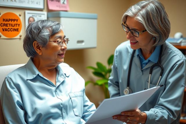 The image depicts a professional healthcare interaction. There is an elderly woman with gray hair, wearing a white top, sitting in a chair in what appears to be a medical office or clinic setting. To her right stands another individual who seems to be a doctor or healthcare worker, dressed in professional attire that includes a stethoscope around their neck and holding some papers.