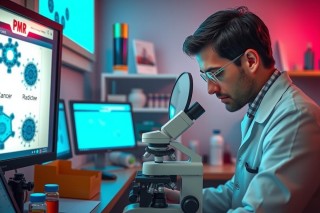 The image depicts a male scientist in the midst of research. He is wearing a white lab coat and glasses, focusing intently on an examination under a microscope with a digital display showing scientific data. The environment suggests a modern, well-equipped laboratory, indicating advanced biological or biochemical work.