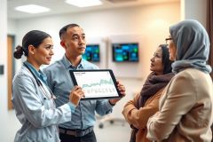 A female doctor presents data on a tablet to a patient and another healthcare professional in a modern medical office. The scene highlights patient care and technology in a clinical setting.