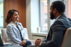 Doctor and patient in consultation. A female physician in a white coat speaks with a male patient in a suit, in a brightly lit office setting. Focus on healthcare discussion.