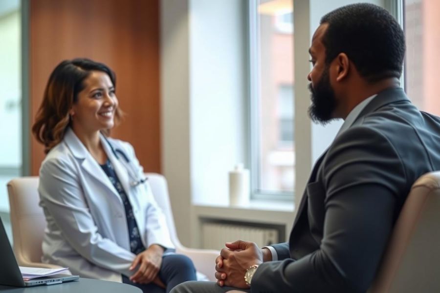 Doctor and patient in consultation. A female physician in a white coat speaks with a male patient in a suit, in a brightly lit office setting. Focus on healthcare discussion.