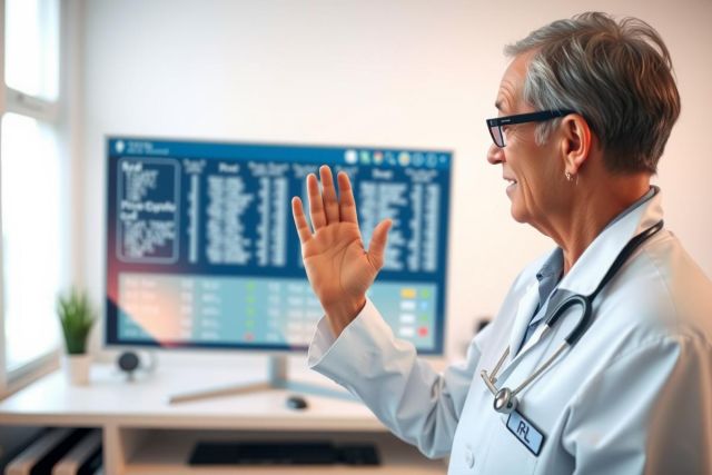 Doctor in a white coat gestures near a computer screen displaying medical imaging. Healthcare professional, diagnostic, medical technology, examination, radiology.