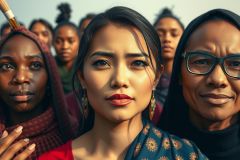 The image depicts a group of people standing close together. The central figure appears to be a woman with a neutral expression, looking directly at the camera, surrounded by a variety of faces and clothing styles.