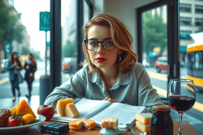 The image features a woman sitting at an outdoor café table. She is wearing glasses, has short hair, and is dressed in casual attire. The table is filled with various snacks, including fruits like apples and oranges, as well as cheese.