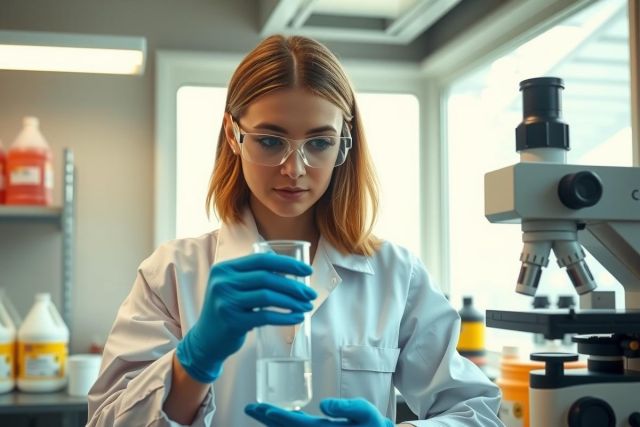 Female scientist in lab coat and gloves examines a beaker, likely conducting research. The lab setting includes equipment like a microscope and shelves with chemicals. A close-up shot highlights the scientific process.