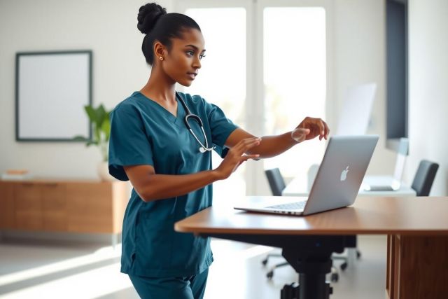 Healthcare professional in scrubs performs hand hygiene at a desk with a laptop. Bright, modern office setting. Focus on cleanliness and medical care.
