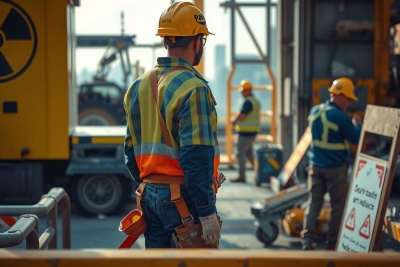 The image shows a bustling industrial scene with several construction workers in various types of safety gear. They are engaged in different tasks, possibly related to infrastructure development or maintenance. The setting appears to be an outdoor area with heavy machinery and equipment visible, suggesting ongoing construction or renovation work. Safety signs and barriers indicate a focus on worker safety. The workers' uniforms and the environment suggest a professional and organized workspace.