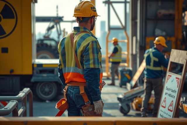 The image shows a bustling industrial scene with several construction workers in various types of safety gear. They are engaged in different tasks, possibly related to infrastructure development or maintenance. The setting appears to be an outdoor area with heavy machinery and equipment visible, suggesting ongoing construction or renovation work. Safety signs and barriers indicate a focus on worker safety. The workers' uniforms and the environment suggest a professional and organized workspace.