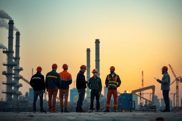 A group of workers in construction helmets and safety gear gathering on a large industrial work site at sunset. The environment suggests the setting is an active construction zone with various heavy equipment visible.