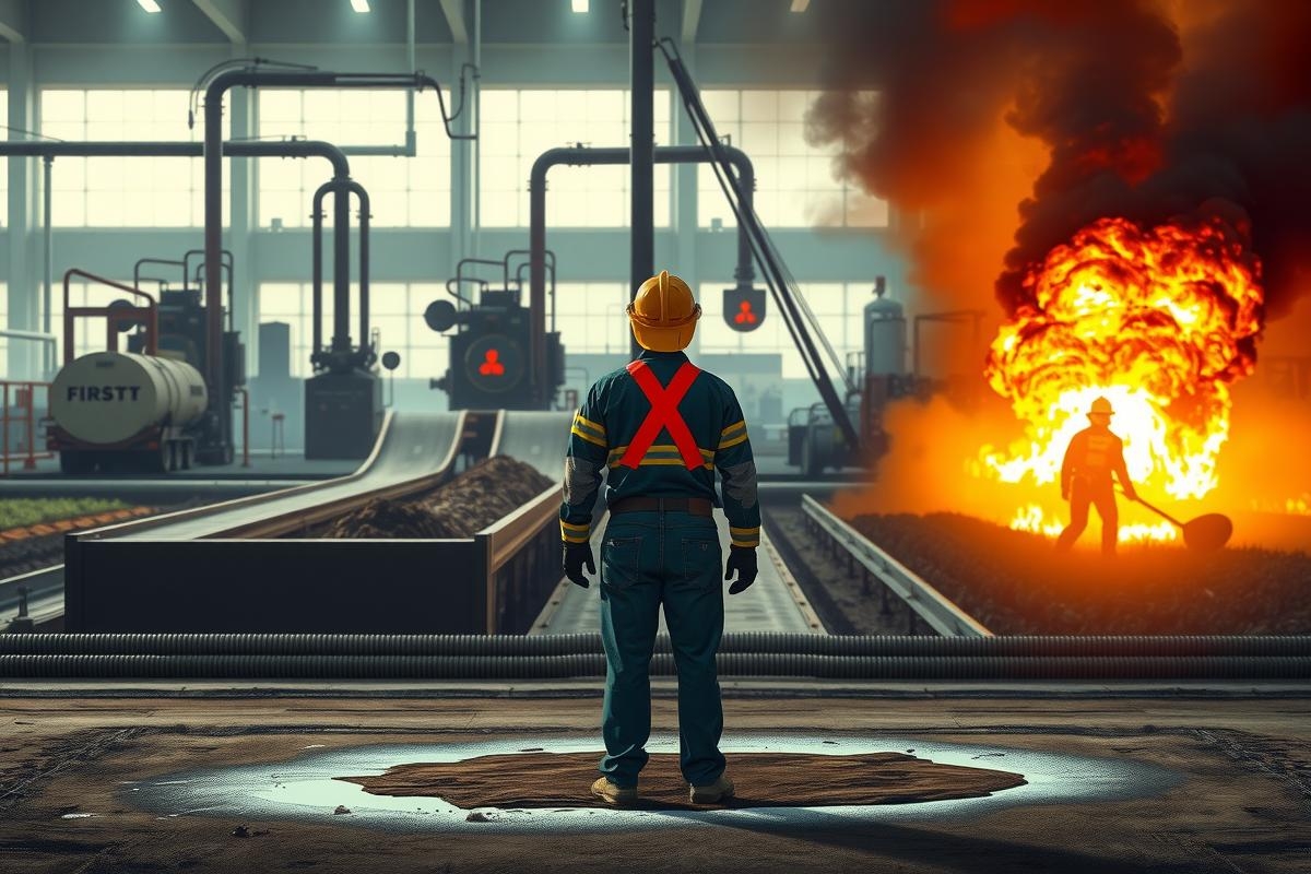 The image shows a video game scene depicting a character standing in the center of an industrial environment, possibly a train station or a factory. The surroundings include large machinery and pipes, suggesting an urban industrial setting.